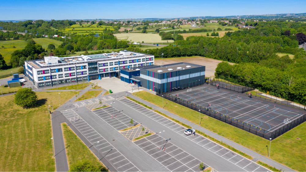 Ariel view of a large school campus with three stories and sports facilities, surrounded by trees and fields